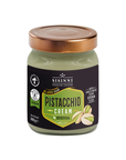Pistaziencreme ohne Zucker ohne Palmöl und vegan im Glas 380g freigestellt weißer Hintergrund