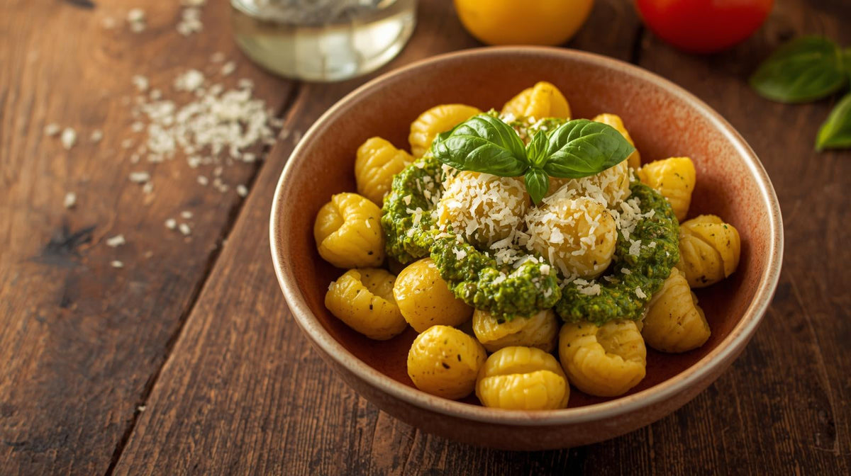 Gnocchi mit grünem Paprika-Pesto von Naoumidis, Zitronenabrieb, gerösteten Mandeln und Parmesan auf rustikalem Teller