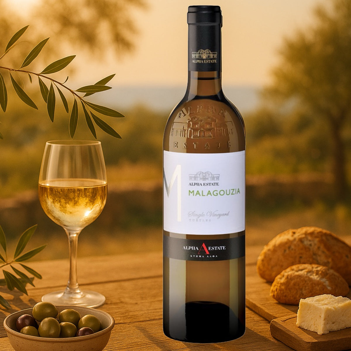Alpha Estate Malagouzia Weißwein mit einem Glas Weißwein, grünen Oliven, Brot und Käse auf einem Holztisch im warmen Abendlicht.
