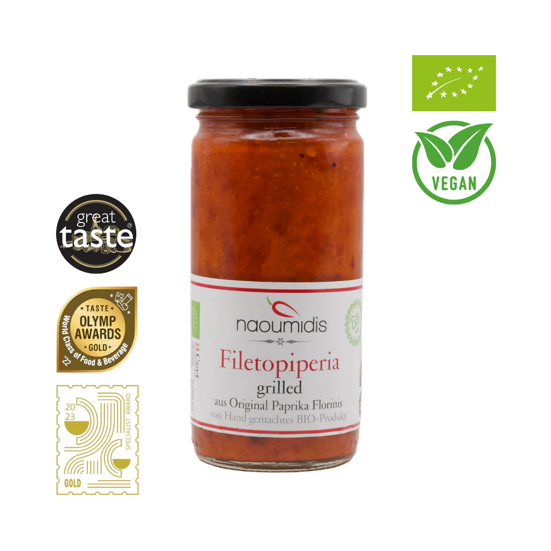 Filetopiperia von Naoumidis gegrillte Paprika im Glas als Vorspeise mit Awards