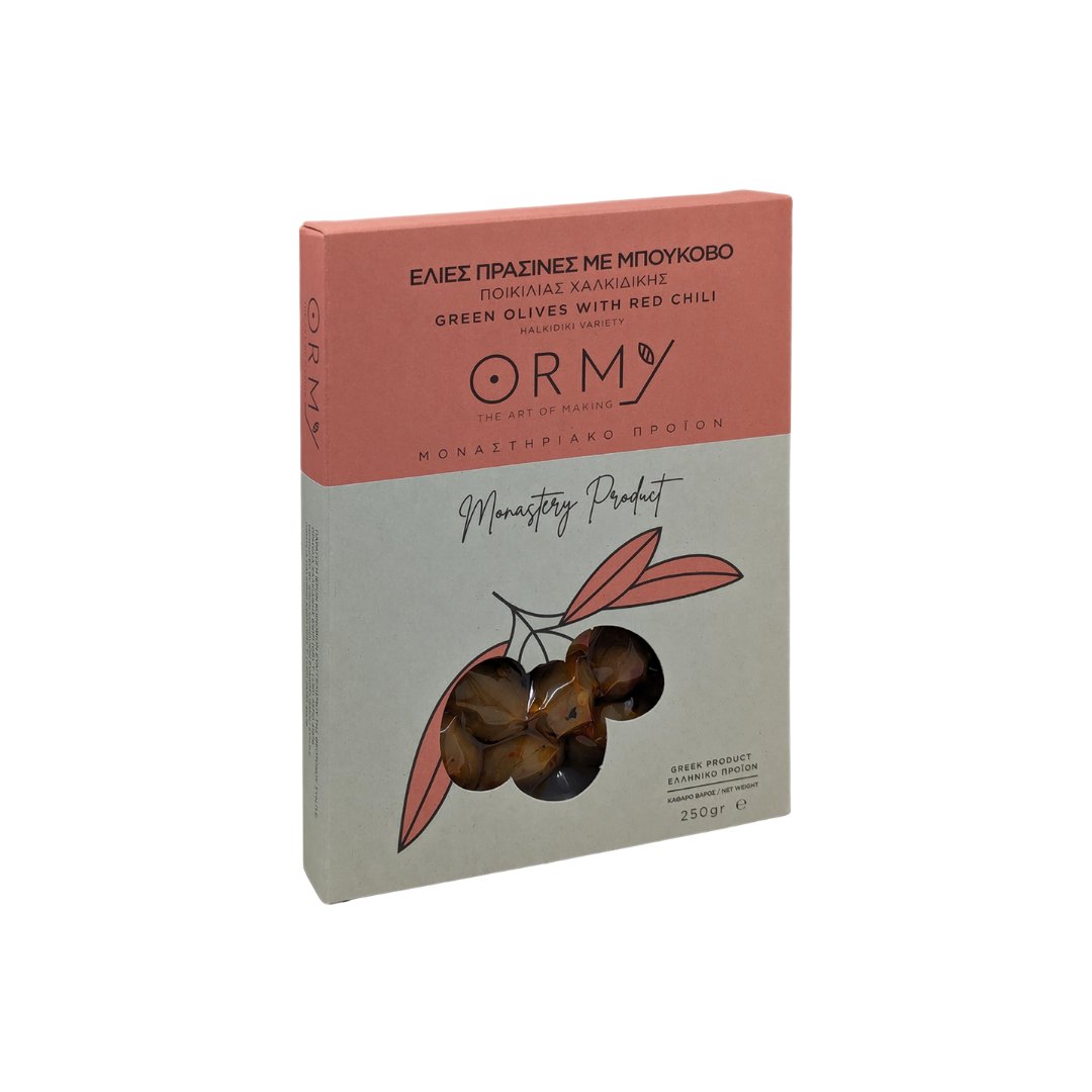 Handgepflückte Grüne Oliven mit Chili eingelegt