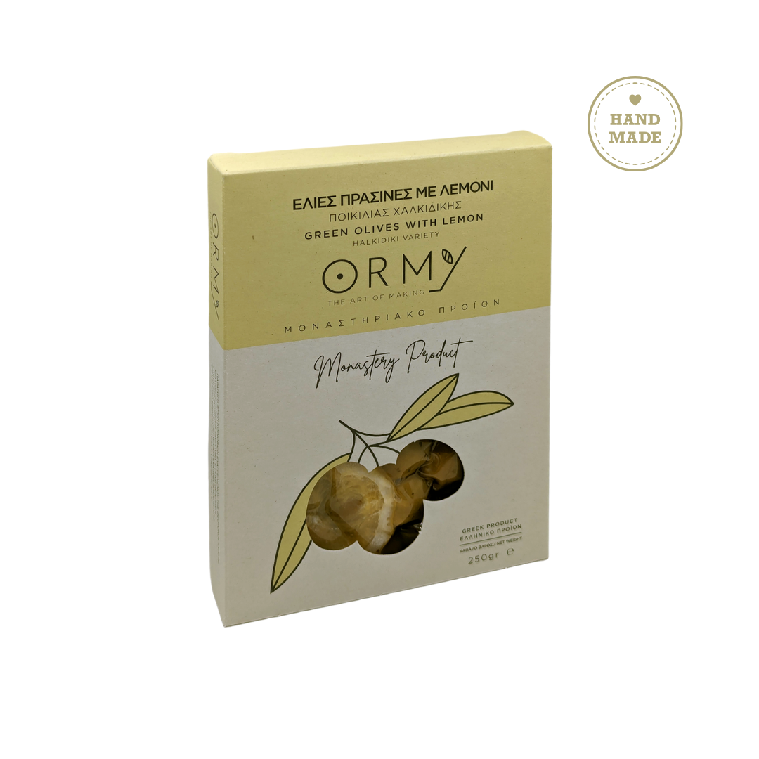 Handgepflückte Grüne Chalkidiki Oliven mit Zitrone vom Kloster Ormylia handgemacht