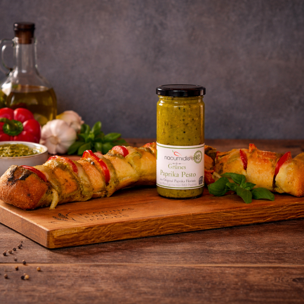 Grünes Bio Paprika Pesto von Naoumidis mit Brot Tomaten und Mozzarella serviert auf einem Holzbrett