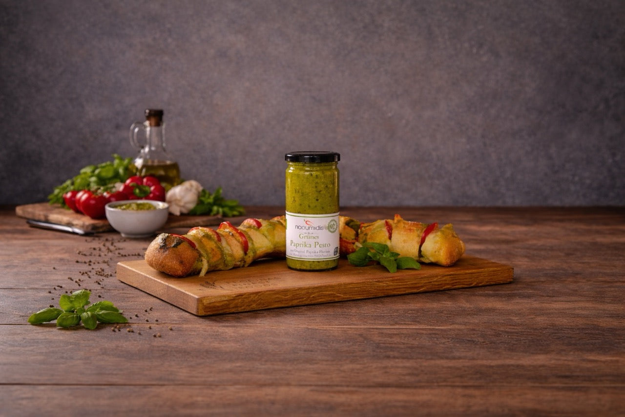 Paprika Pesto mit Brot Olivenöl Paprika und Knoblauch serviert