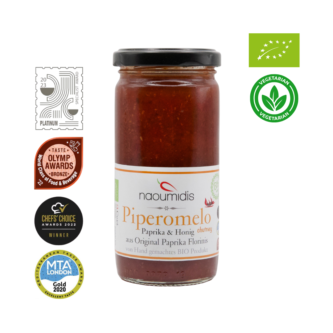 Grill Sauce Piperomelo Bio Paprika Honig Chutney von Naoumidis aus Griechenland
