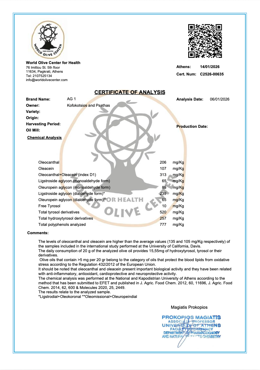 Zertifikat über den Polyphenolegehalt natives Olivenöl Extra aus Griechenland