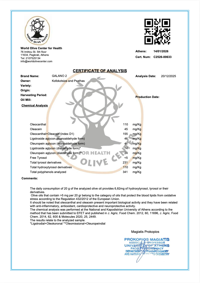 Zertifikat über den Polyphenolegehalt natives Olivenöl Extra aus Griechenland