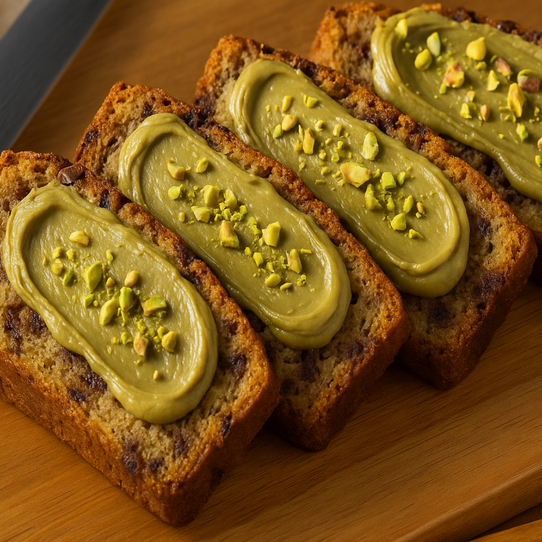 Bananenbrot Scheiben mit Pistaziencreme bestrichen und gehackten Pistazien bestreut auf Holzteller