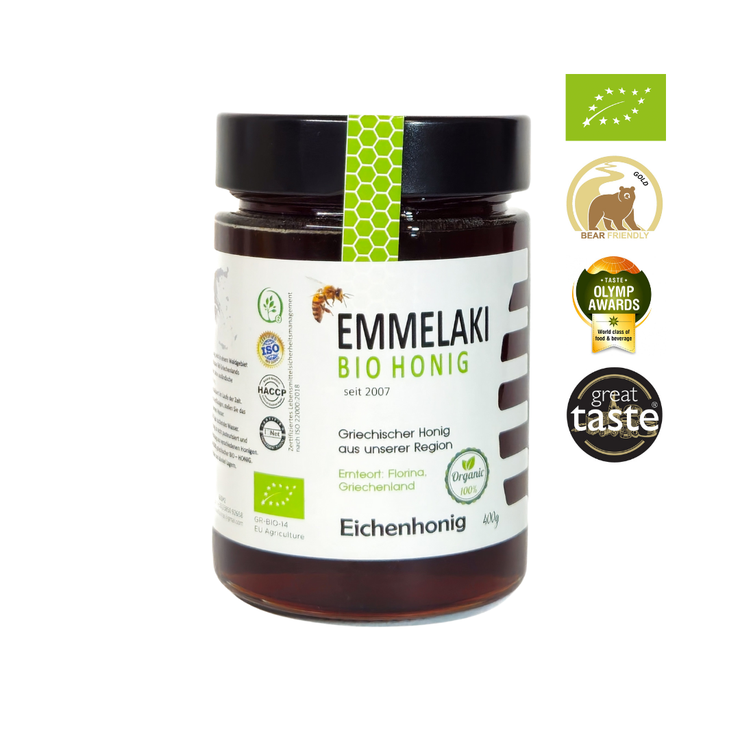 Griechischer Bio Eichenhonig im Glas mit Bio Zertifizierung und Auszeichnungen