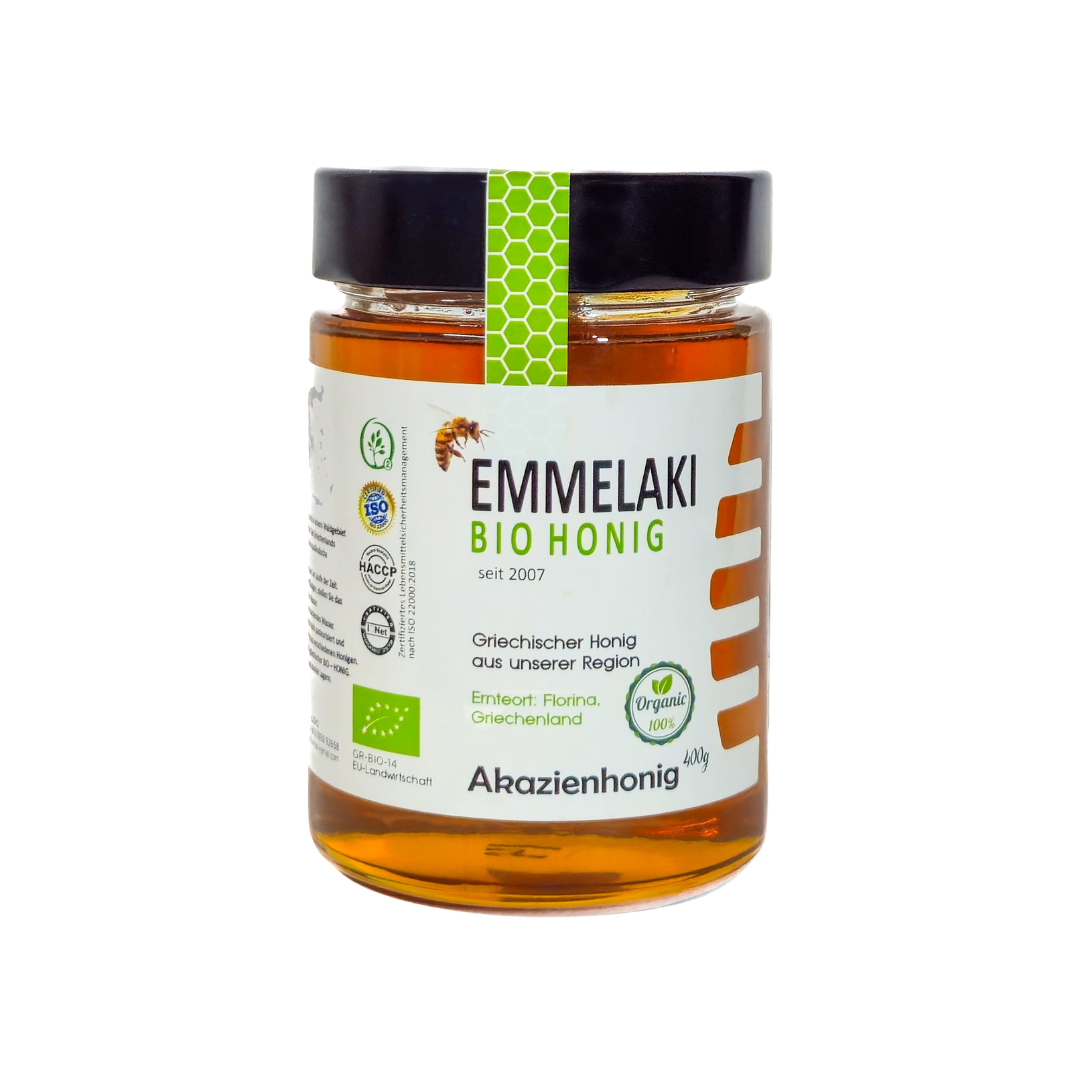 Griechischer Bio Akazienhonig von Emmelaki im 400g Glas aus Griechenland, naturbelassener Premium Honig aus traditioneller Imkerei