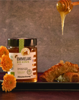 Griechischer Bio Akazienhonig von Emmelaki mit Honiglöffel, Baklava und Blüten, Premium Honig aus Griechenland für Desserts und Frühstück