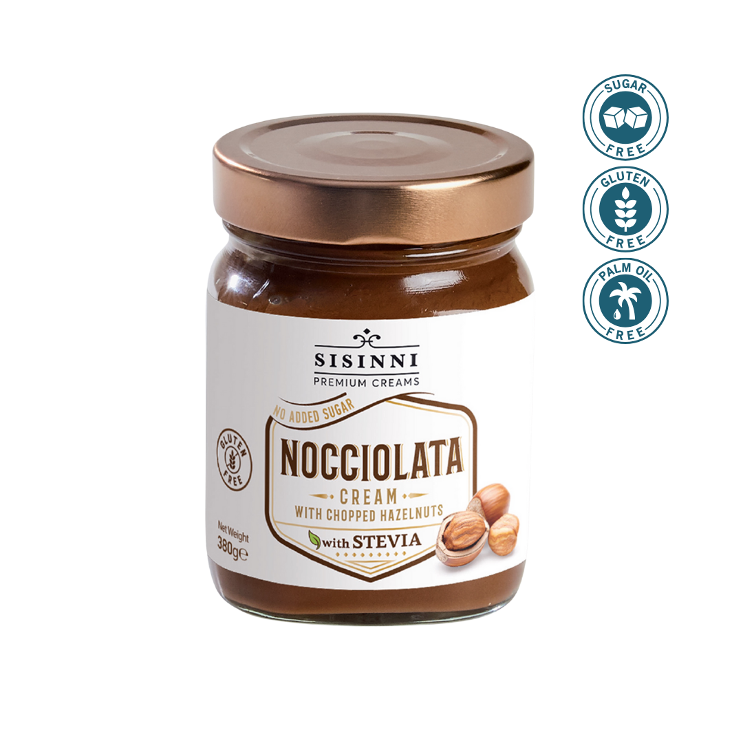Nocciolata Haselnusscreme ohne Zuckerzusatz Packshot mit Sugar Free Gluten Free und Palm Oil Free Icons auf weißem Hintergrund
