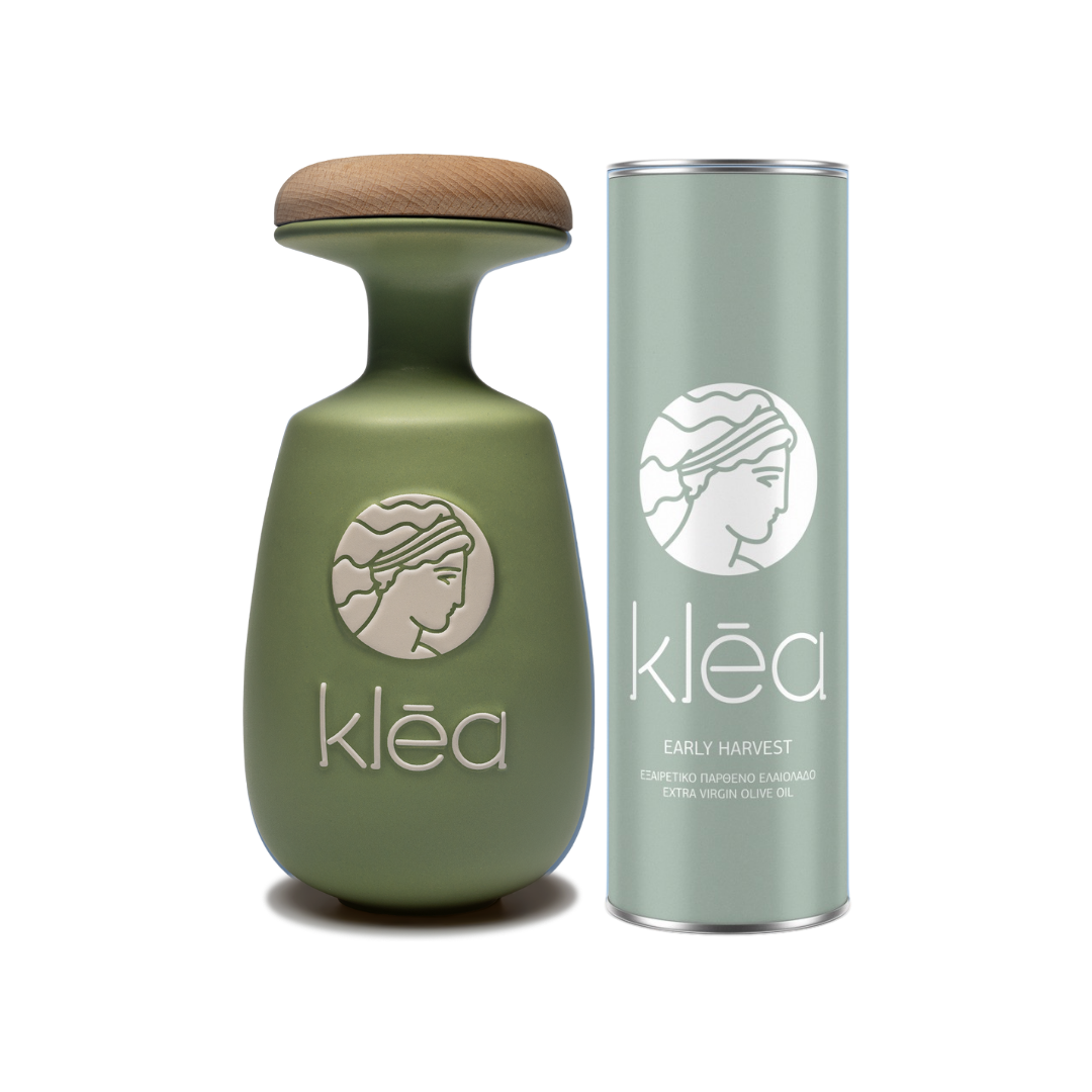 Frühernte natives Olivenöl extra in Keramikflasche mit Nachfüllbehälter Set