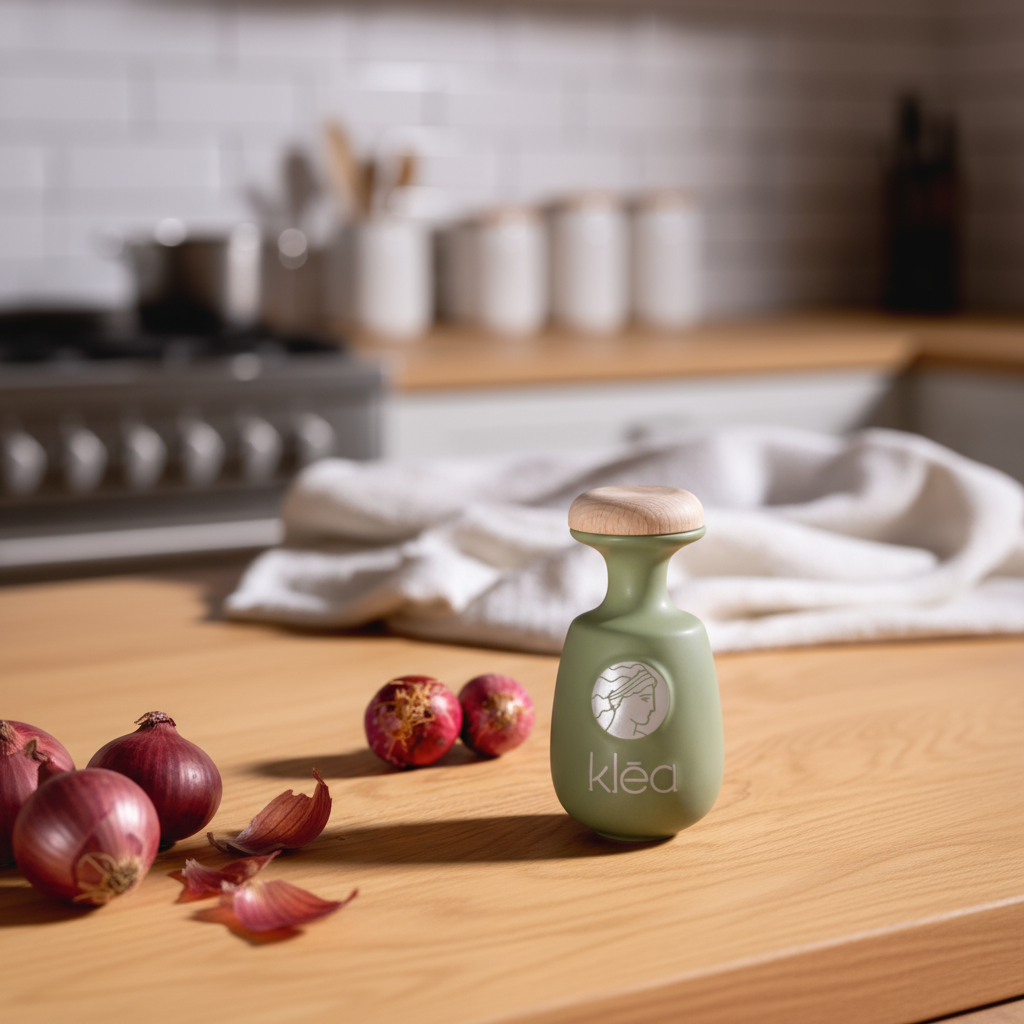 Klea Early Harvest natives Olivenöl extra in grüner Keramikflasche auf Holztisch in Küchenszene mit roten Zwiebeln aus Griechenland