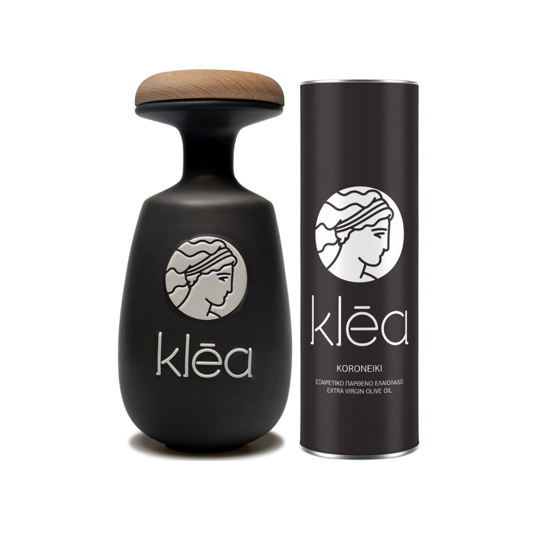 Natives Olivenöl extra Koroneiki in Keramikflasche mit Nachfüllbehälter Set