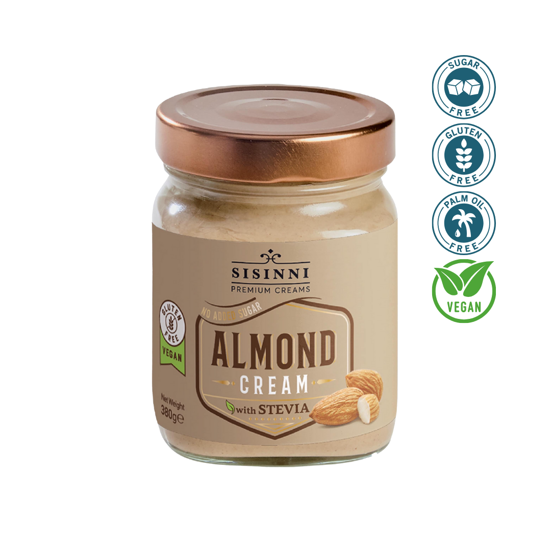 Mandelcreme im Glas mit Symbolen für zuckerfrei, glutenfrei, palmölfrei und vegan