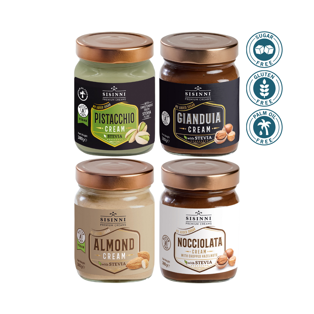 Set aus vier Nusscremes ohne Zuckerzusatz mit Symbolen für zuckerfrei, glutenfrei und palmölfrei