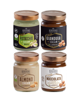 Set aus Pistaziencreme, Gianduia Creme, Mandelcreme und Nocciolata Creme ohne Zuckerzusatz ohne Palmöl und glutenfrei im Glas freigestellt