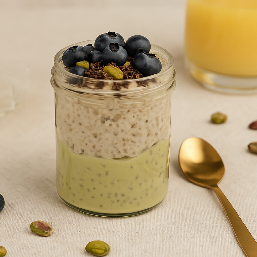 Glas mit Pistazien Overnight Oats geschichtet mit Chia Pudding, Topping aus Blaubeeren und Pistazien